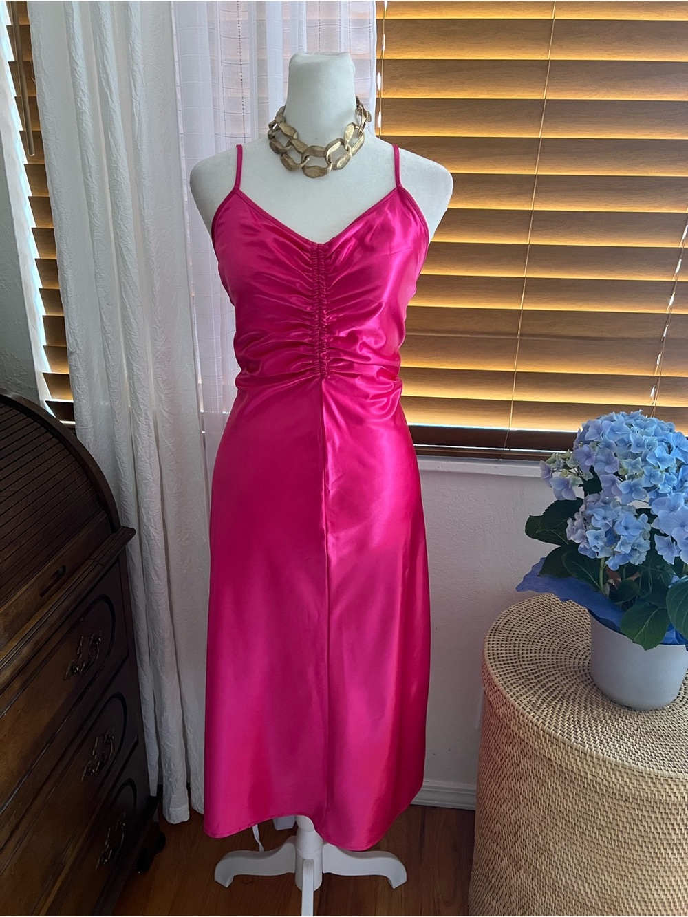 a new day Hot Pink Satin Midi Slip Dress
